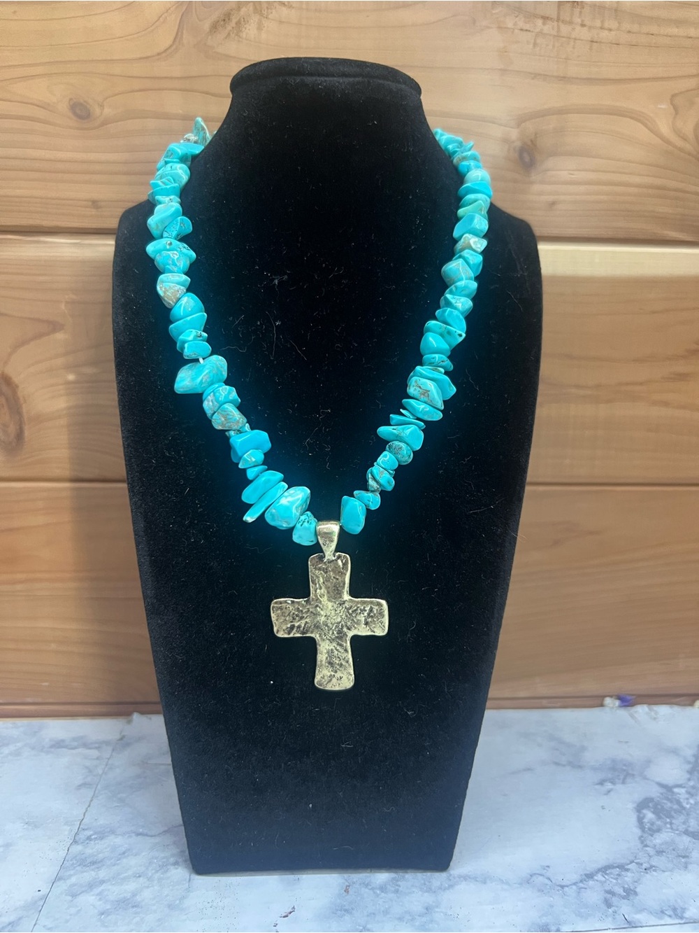 Turquoise Chip Necklace with Gold Cross Pendant - Women Jewelry